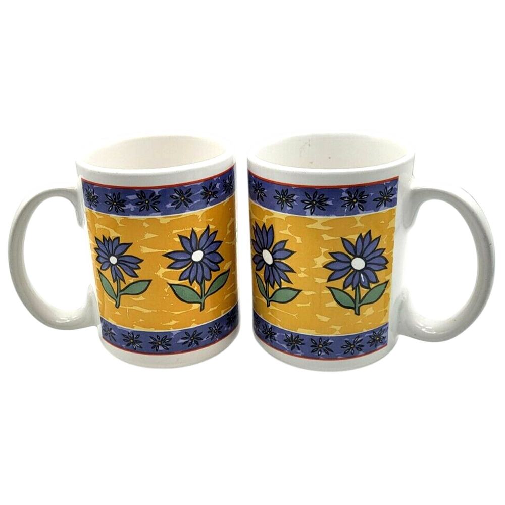 Two 16oz Stoneware Mugs Blue Flowers Yellow Background White Interior